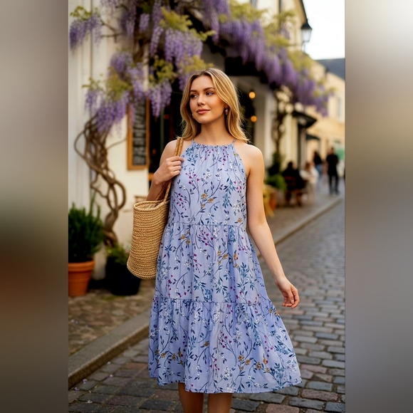 A New Day Ruched Halter Neckline Floral Spring Dress - Picture 2 of 6